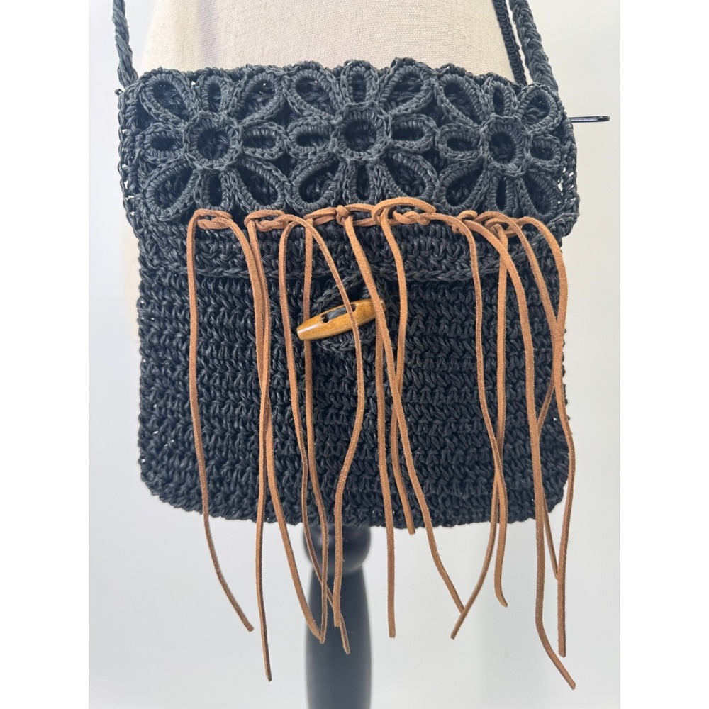 Black Crochet Knit Macrame Raffia Crossbody Purse Bag Boho Festival Dark Cottage